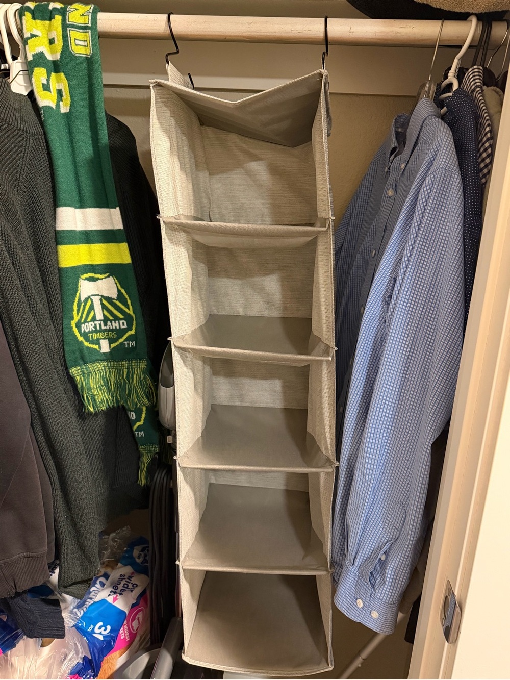 Neutral Beige Hanging Closet Organizer - 6-Shelf Fabric Storage